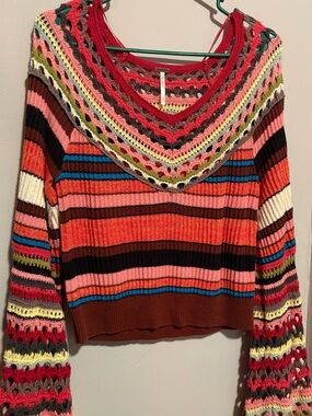 Free People Multicolor Striped Crochet-Trim Off-the-Shoulder Sweater